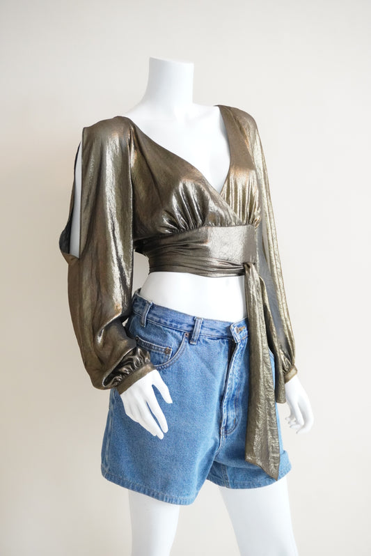 Bebe Genie Gold Metallic Open Back Slit Sleeve Wrap Top NWT - Size L