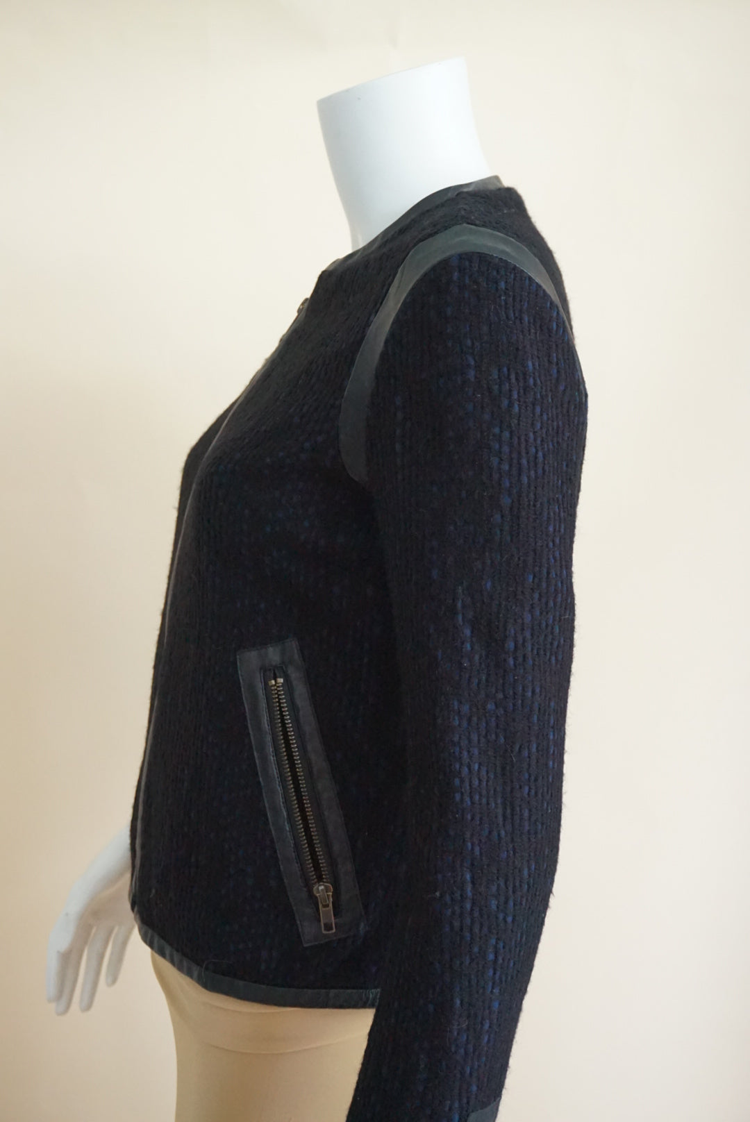 10 Crosby Derek Lam Navy/Black Wool Tweed Lambskin Leather Trim Moto Jacket - Size 2