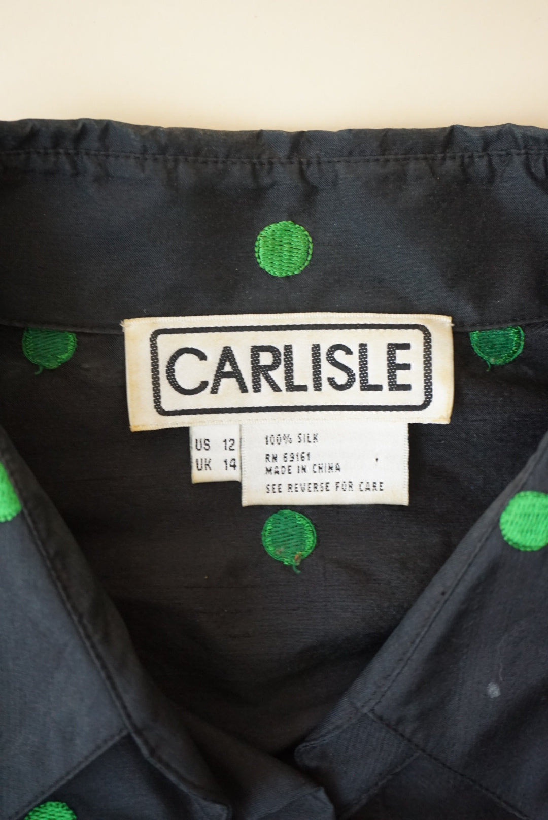Carlisle Vintage Black Raw Silk Embroidered Green Polka Dot Blouse - Size 12