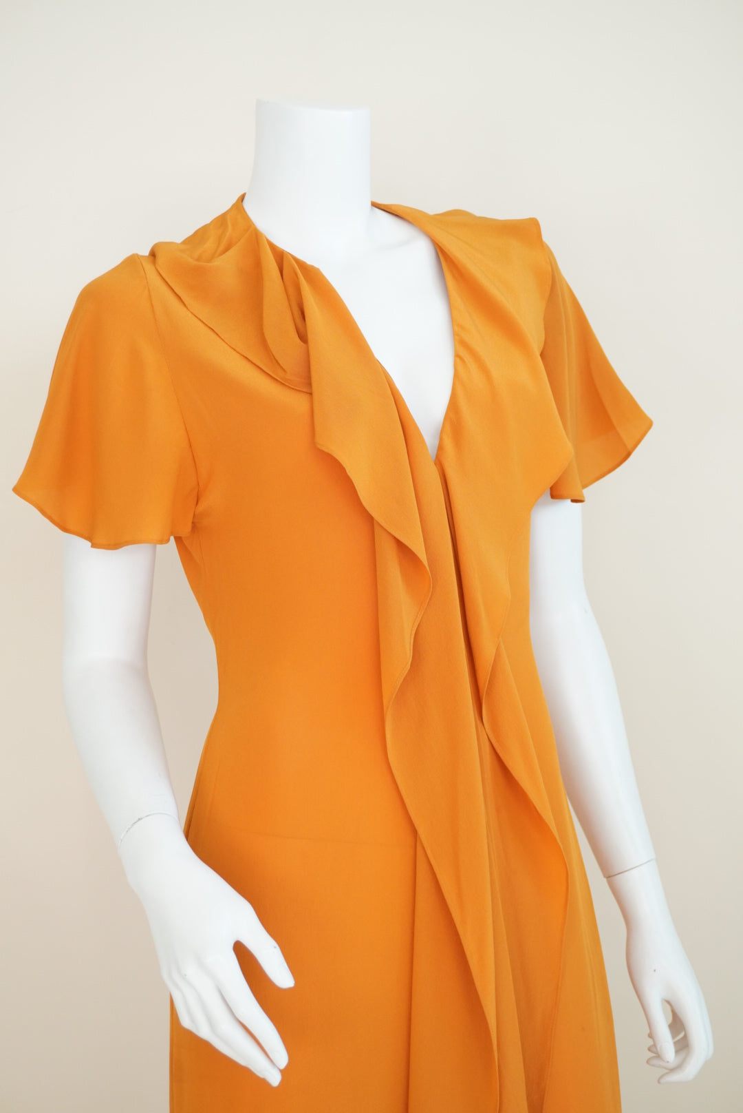 Victoria Beckham Mustard Silk Made in Italy Ruffle Plunge Neck Dress