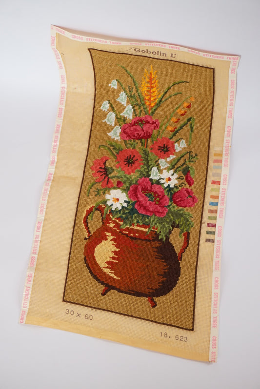 VTG Unframed Needlepoint Floral Bouquet in Pot Gobelin Collection D'Art 12" x 9.5"