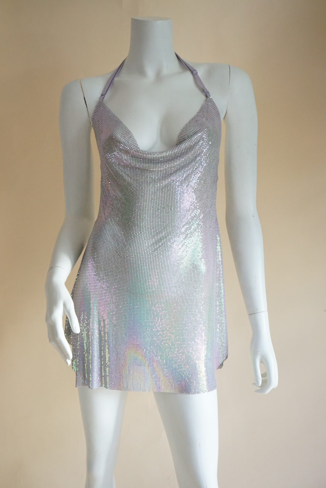 Iridescent Chain Mail Adjustable Strap Backless Mini Dress