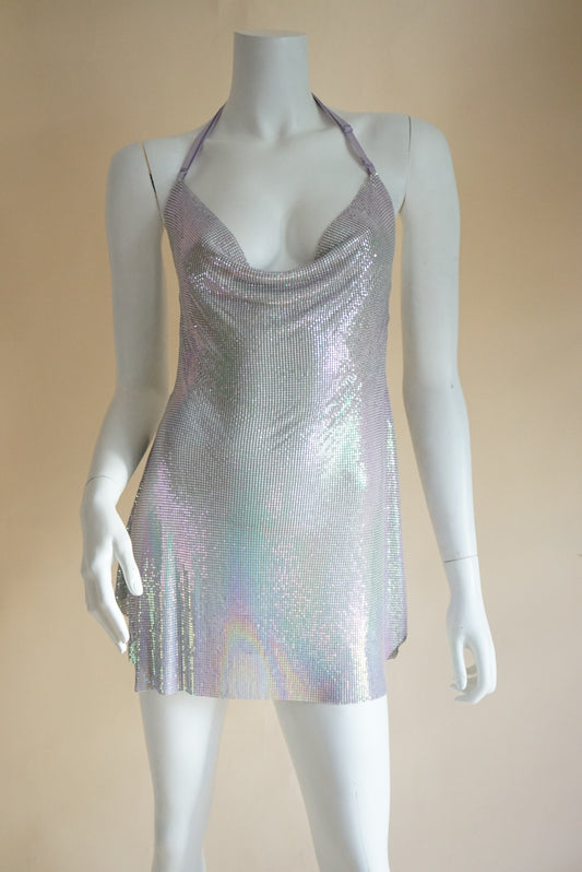 Iridescent Chain Mail Adjustable Strap Backless Mini Dress