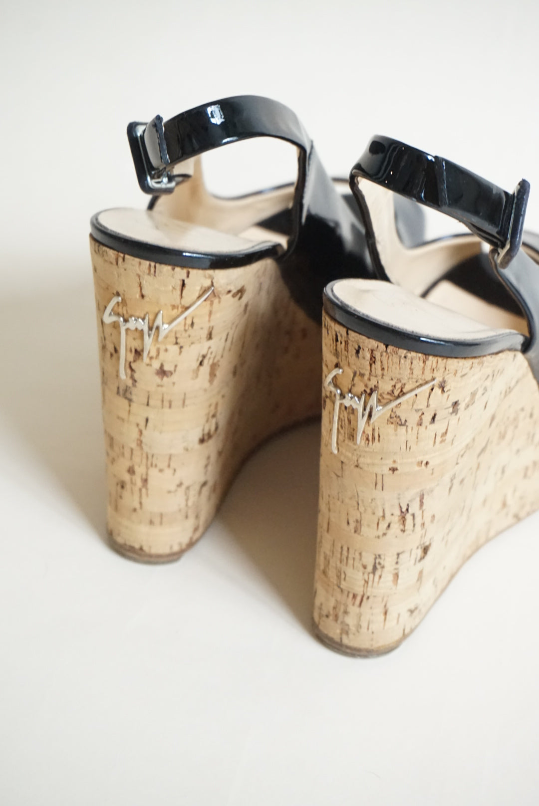 Giuseppe Zanotti Black Patent Leather Peep Toe Cork Wedges - Size 38