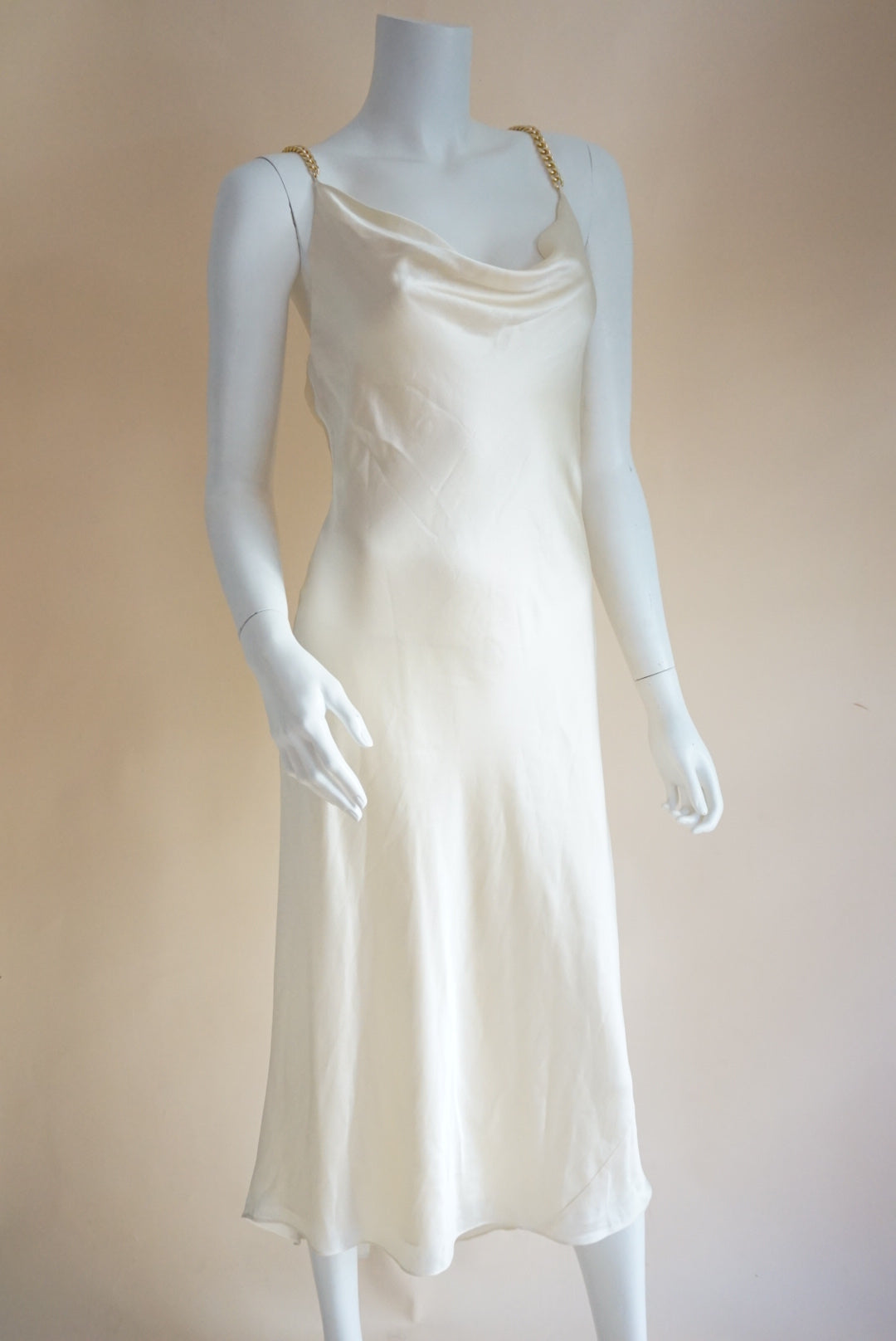 Aiifos Silk Ivory Chain Strap Backless Slip Dress - Small