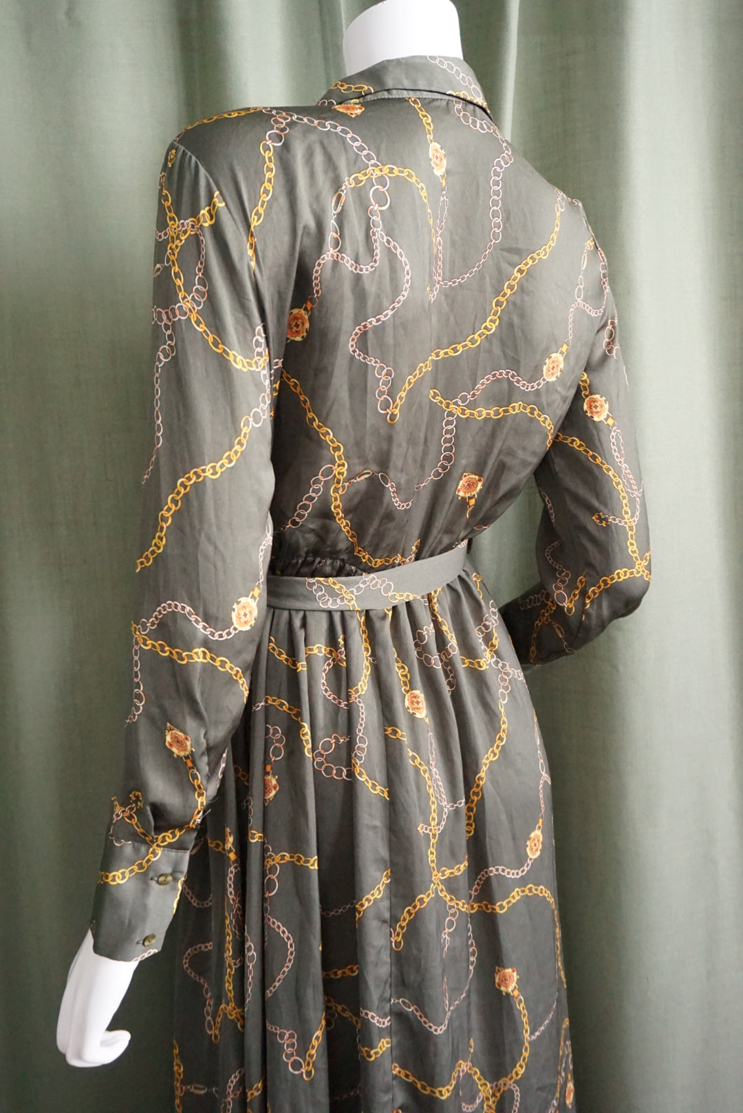 Mango Olive Chain Print Button Down Shirt Belted Dress - Size 6
