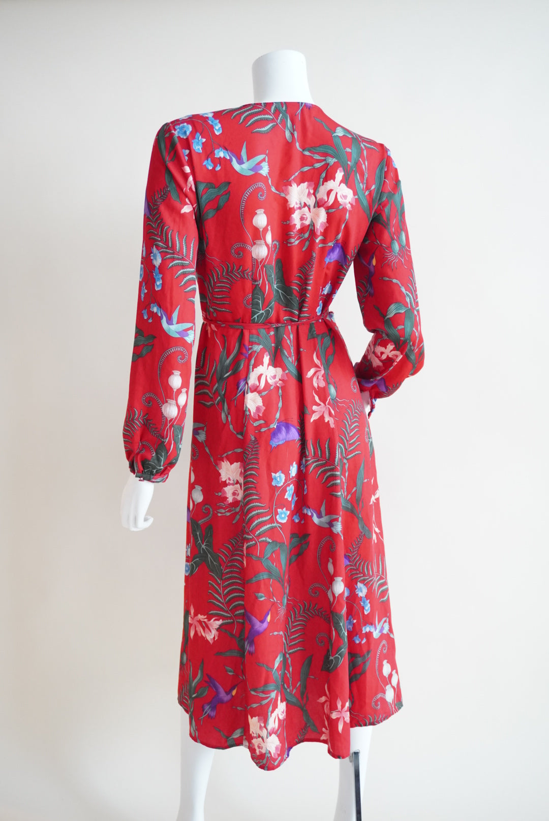 H&M Wrap Red Botanical Floral Midi Dress - Size 10