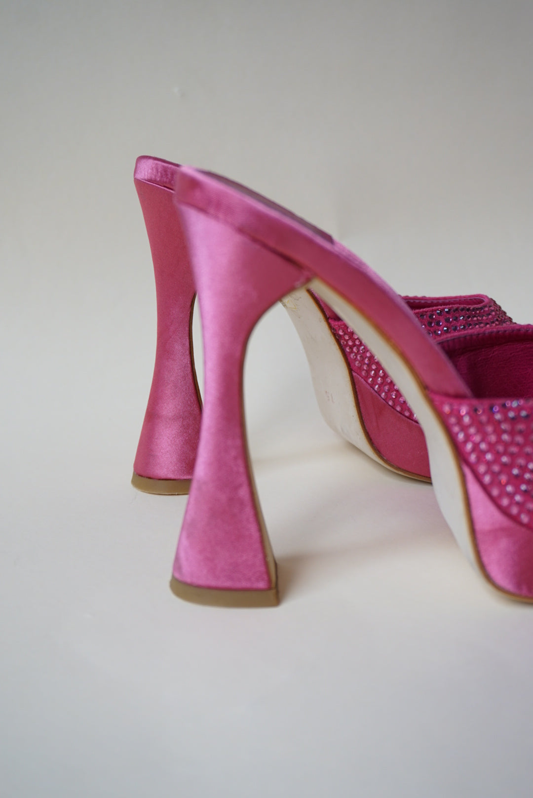 "Jeffrey Campbell" Rhinestone Pink Satin Heeled Mules - Size 7.5