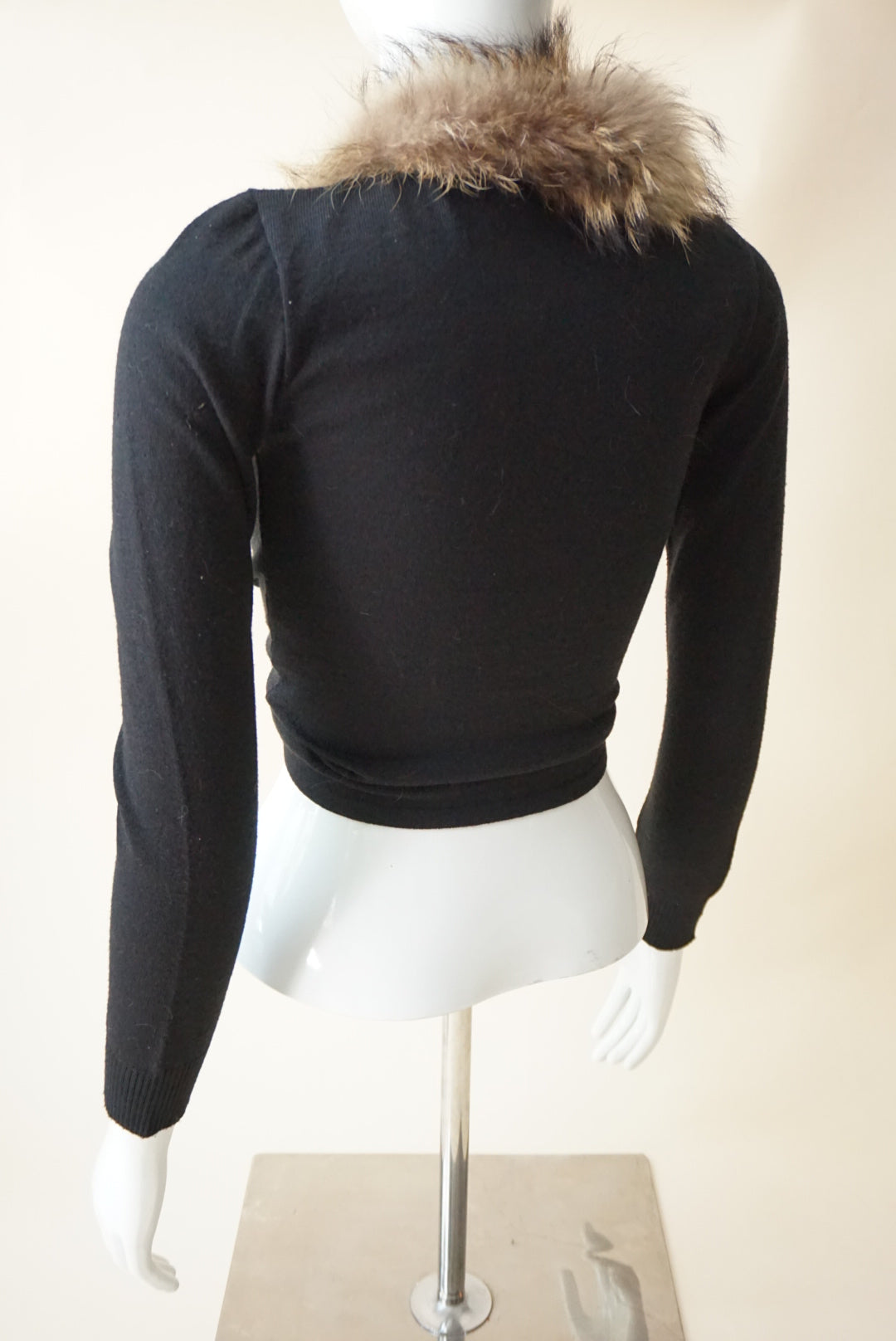 Bebe Y2K Vintage Black Fur Trim Tie Waist Cardigan - Size Medium