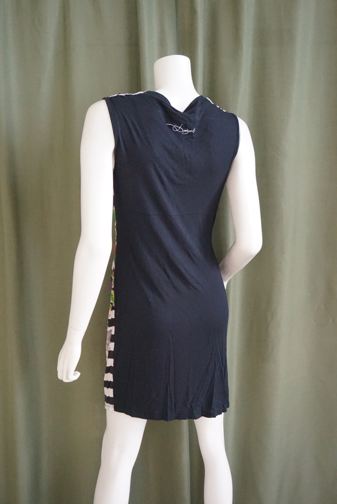 Desigual Black Sleeveless Floral Striped Cowl Neck Knit Mini Dress - Size Medium