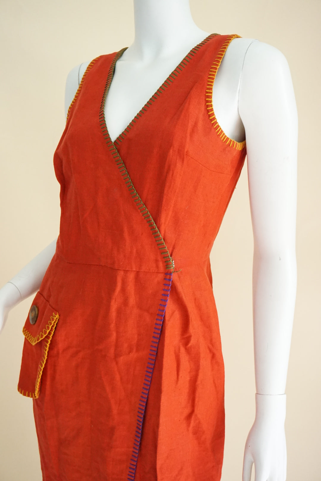 Nicole Miller USA Made VTG Terracotta Linen Colorblock Trim Maxi 90s Dress - Size Small