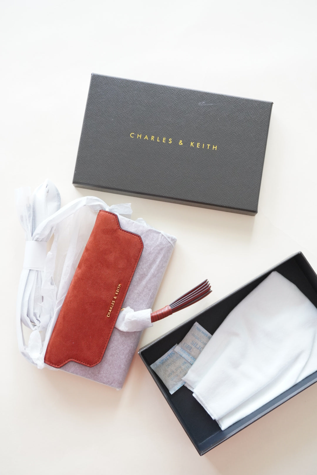 Charles & Keith Suede Orange Crossbody Tassle Wallet NIB NWT