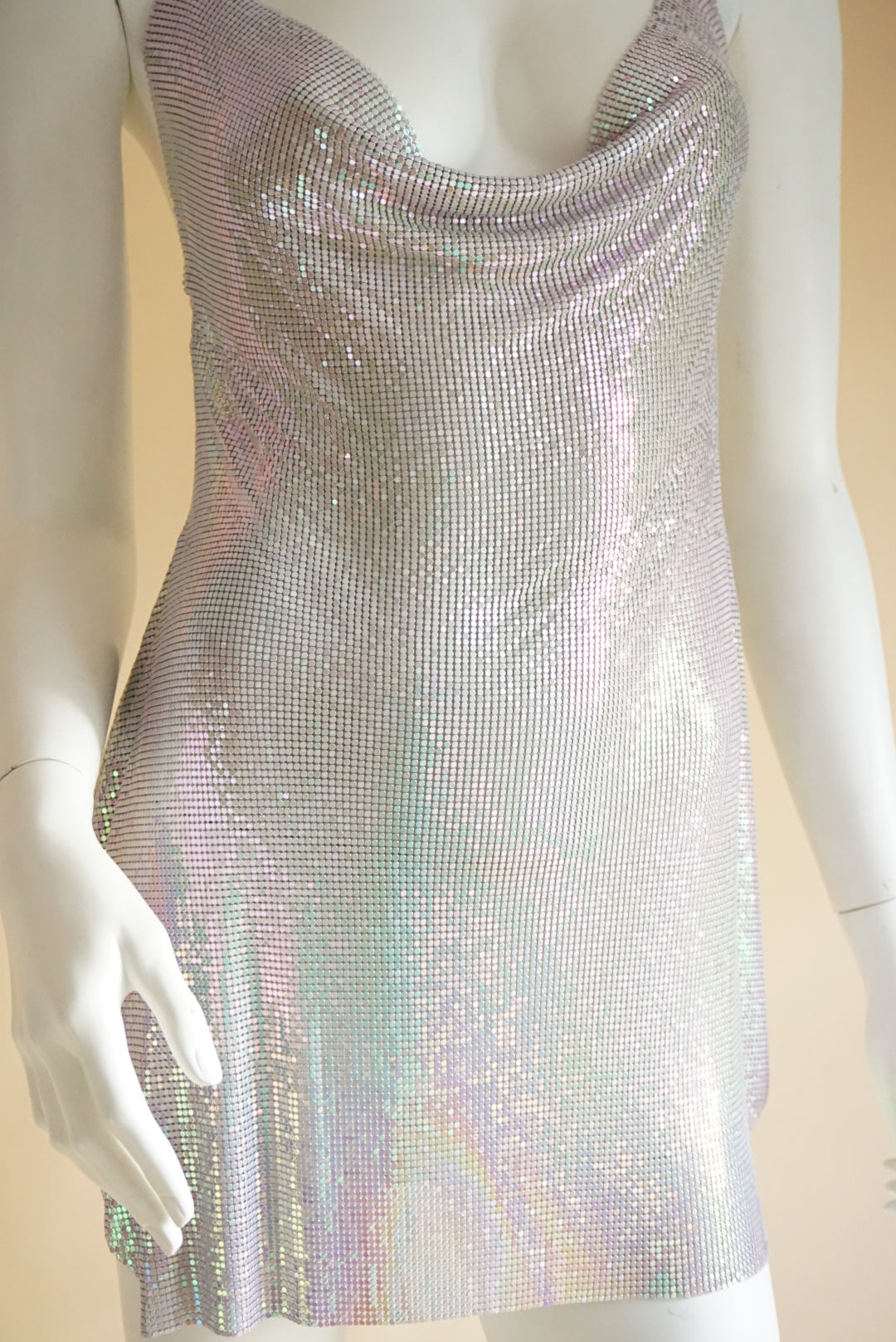 Iridescent Chain Mail Adjustable Strap Backless Mini Dress