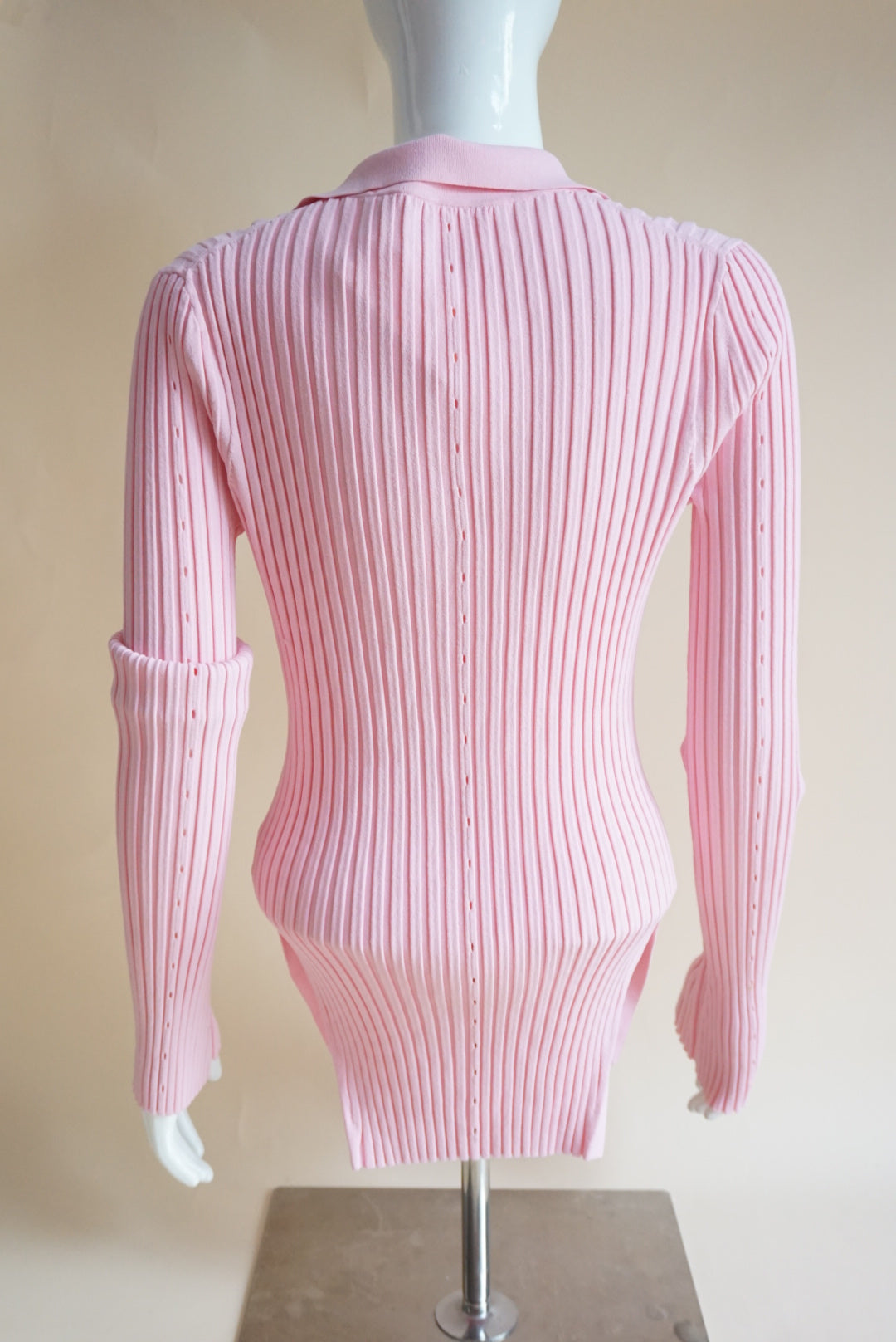 Helmut Lang Pink Ribbed Knit Slash Polo Top - Size Large