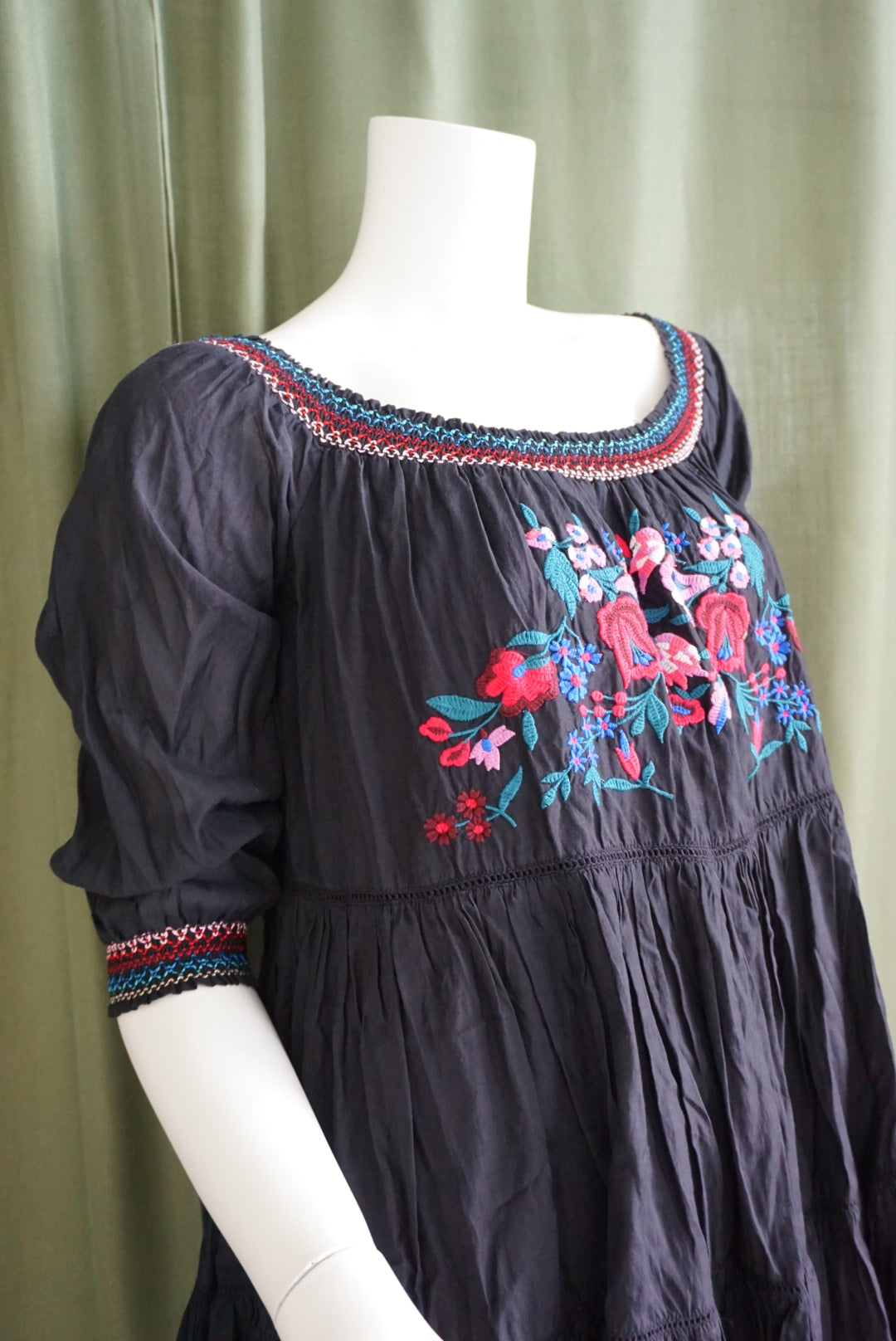 Free People Floral Embroidered Mini Shirred Black Cotton Dress - Size Medium