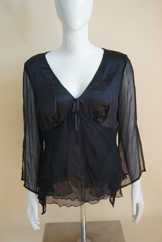Allison Taylor Black Silk Sheer Bow Front Y2K Blouse - Size Large