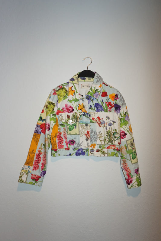 "Alice And Olivia" Denim "Chloe" Boxy Floral Patchwork Print Cropped Jacket - Size XS