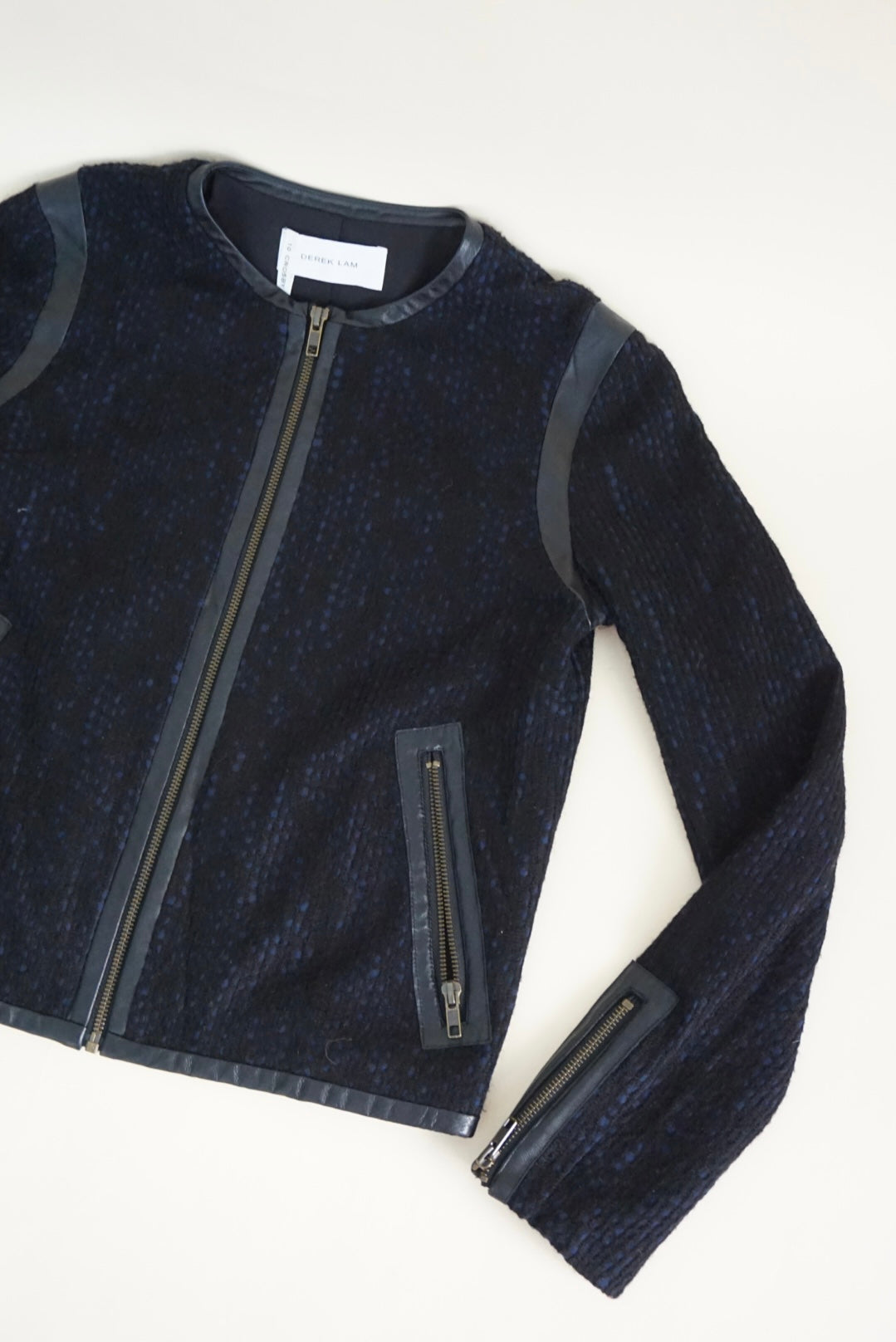 10 Crosby Derek Lam Navy/Black Wool Tweed Lambskin Leather Trim Moto Jacket - Size 2