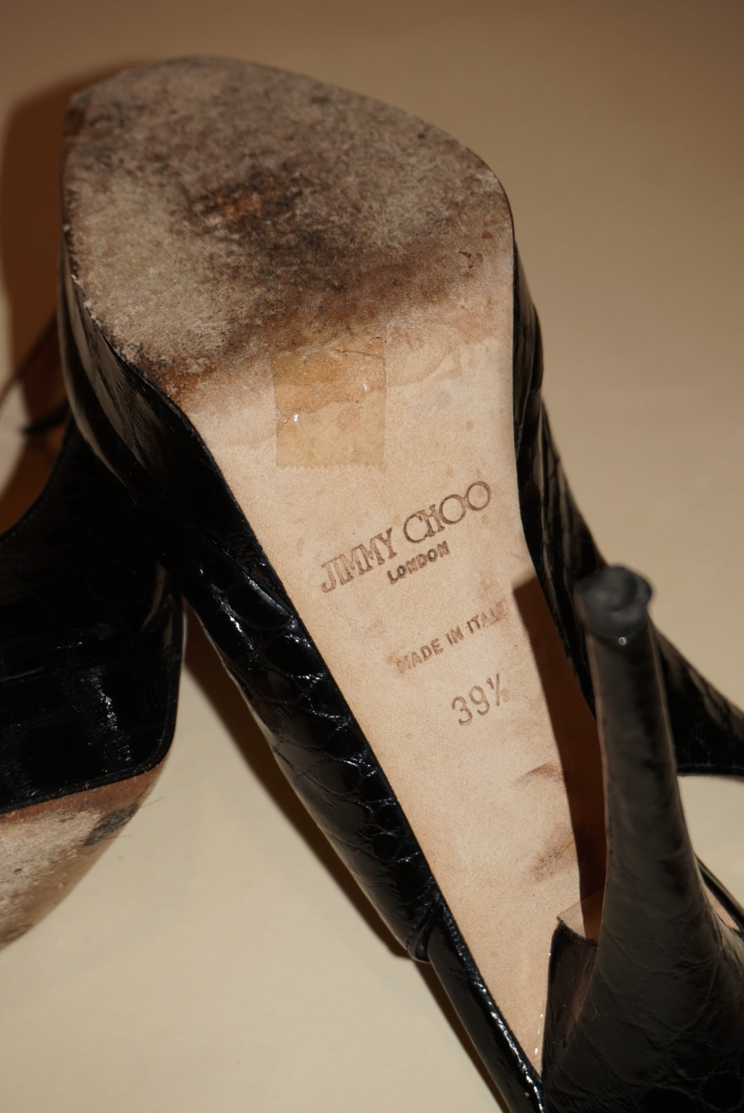 "Jimmy Choo" Croc Embossed Leather Peep Toe Slingback Heels - Size 39.5