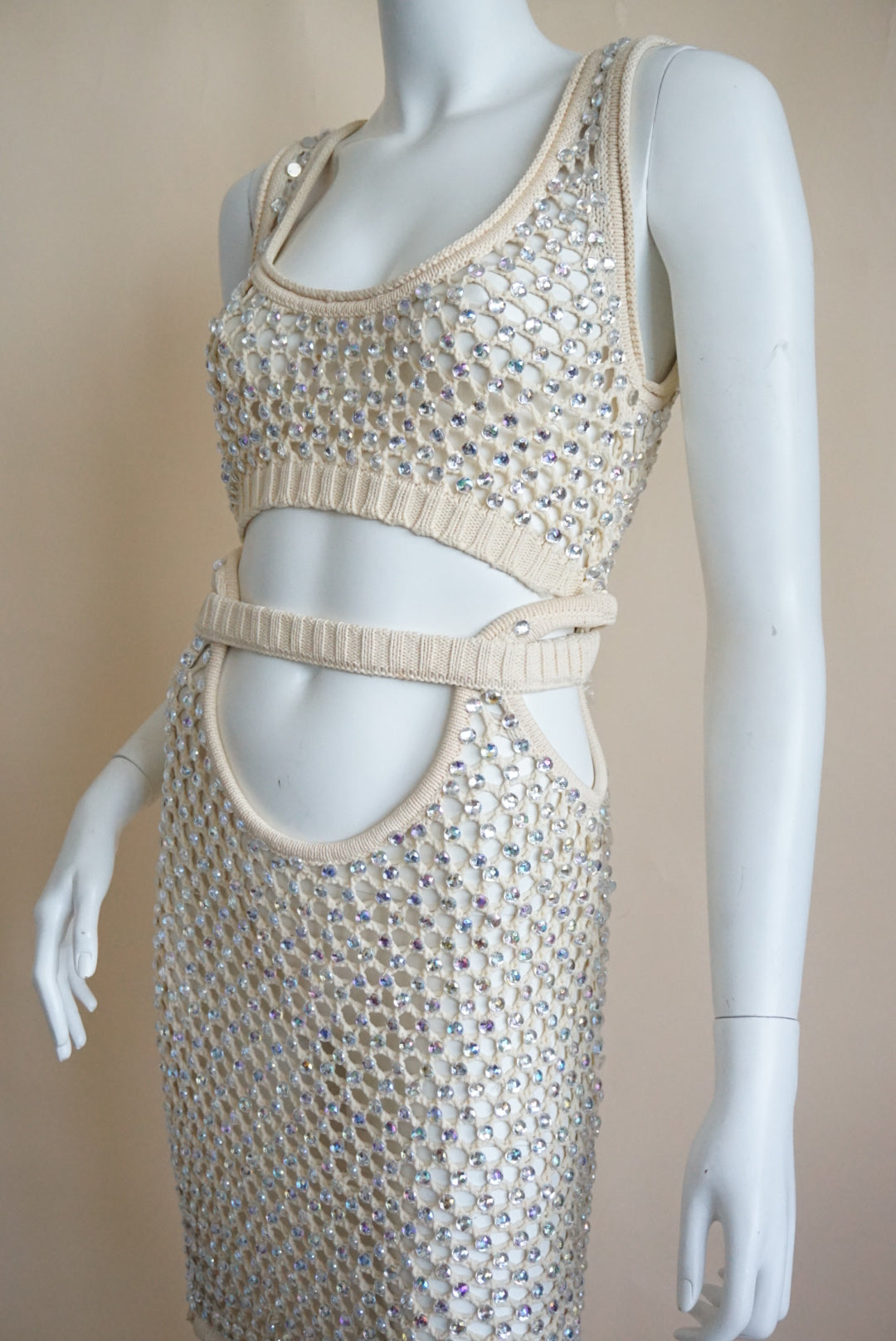 Diotima Naomi Crystal Embellished Open Knit Mesh Sand Dress NWT - Size 3