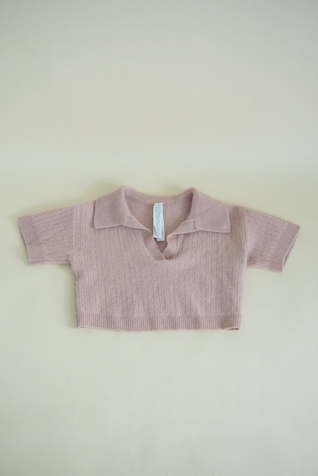Alo Cashmere Plush Waffle Pink Cable Knit Cropped Polo Tee - XS/S