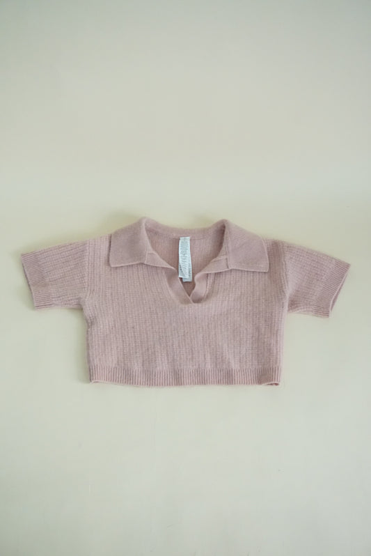 Alo Cashmere Plush Waffle Pink Cable Knit Cropped Polo Tee - XS/S
