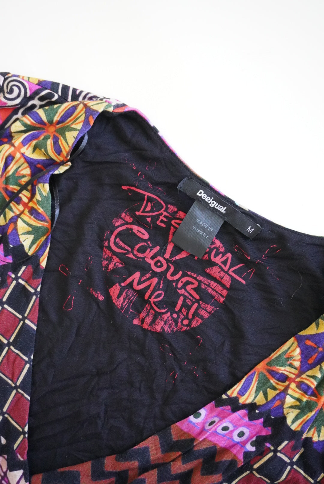 Desigual Color Me Jill Faux Wrap Printed Patchwork Knit Belted Dress - Size Medium