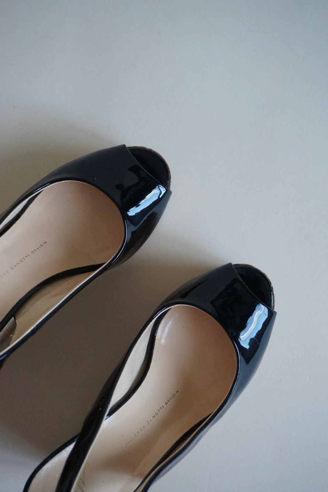 “Giuseppe Zanotti” Black Patent Leather Peep Toe Cork Wedges - Size 38