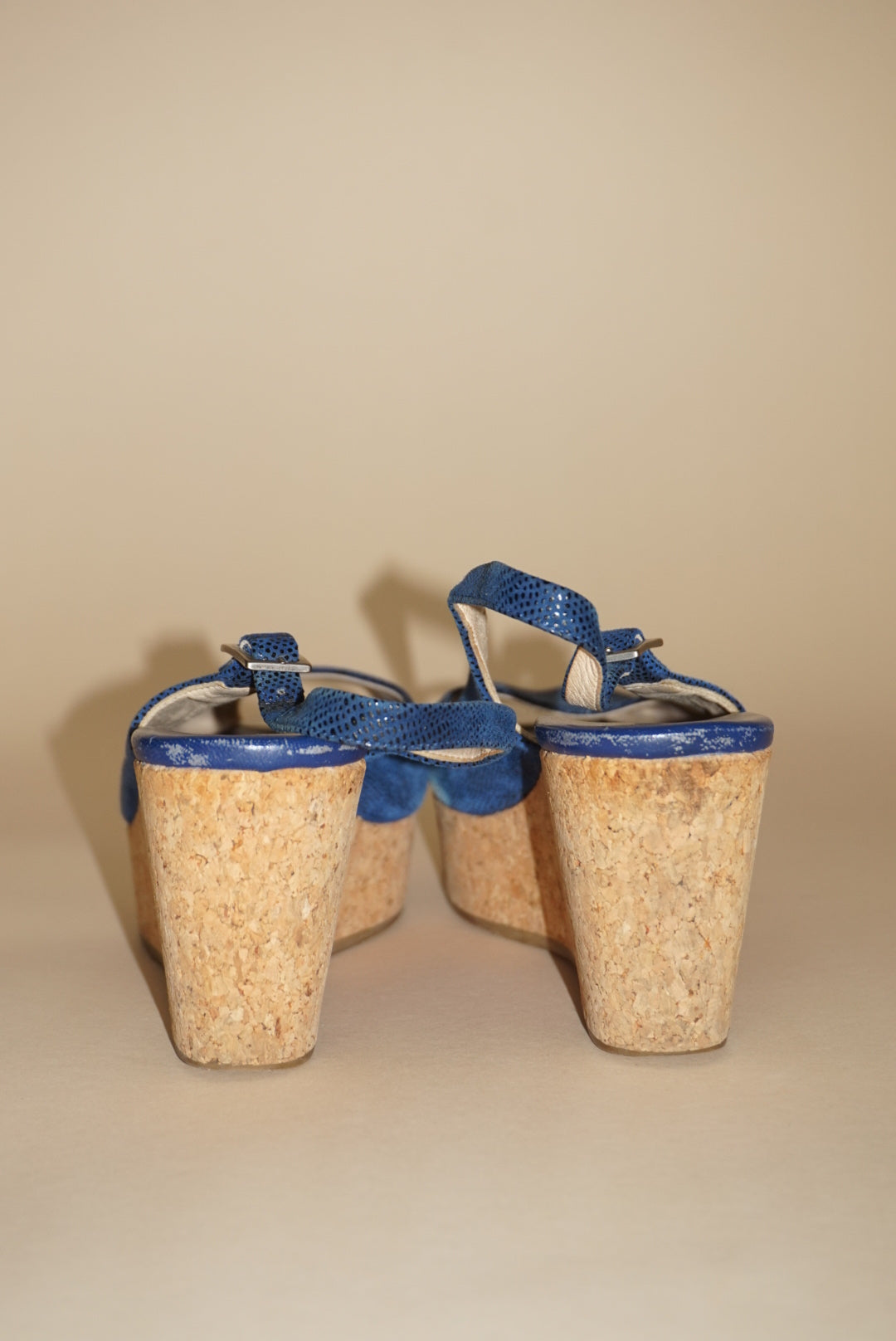 “Jimmy Choo” Royal Blue Slingback Cork Wedges - Size 38
