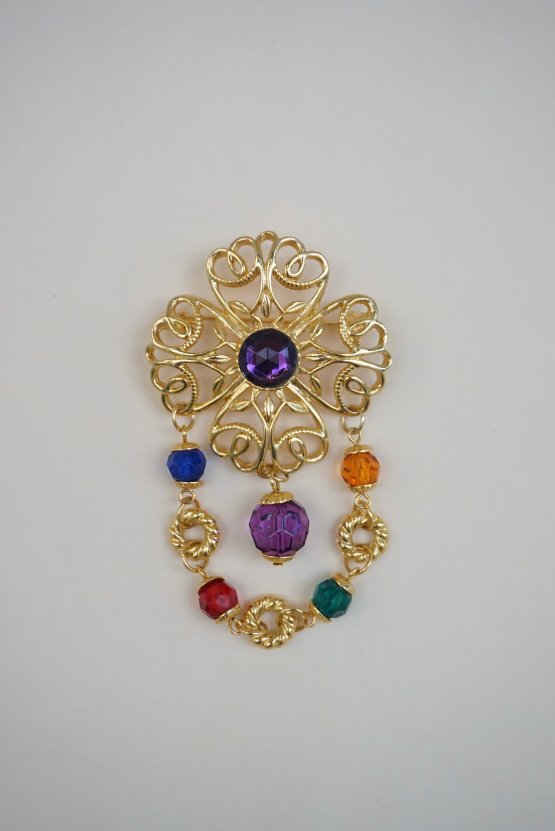 Vintage Unlabeled Clover Faux Stone Gold Plated Brooch With Drop