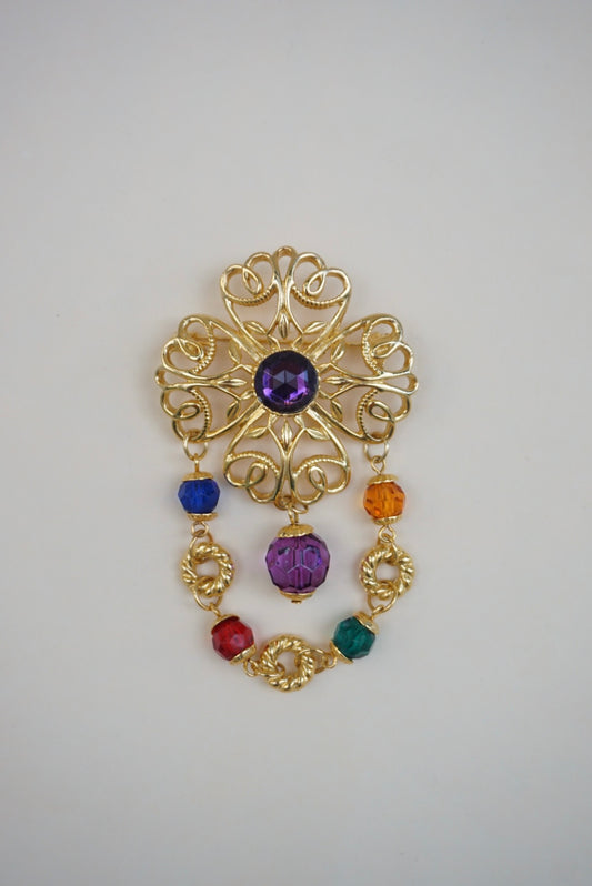 Vintage Unlabeled Clover Faux Stone Gold Plated Brooch With Drop
