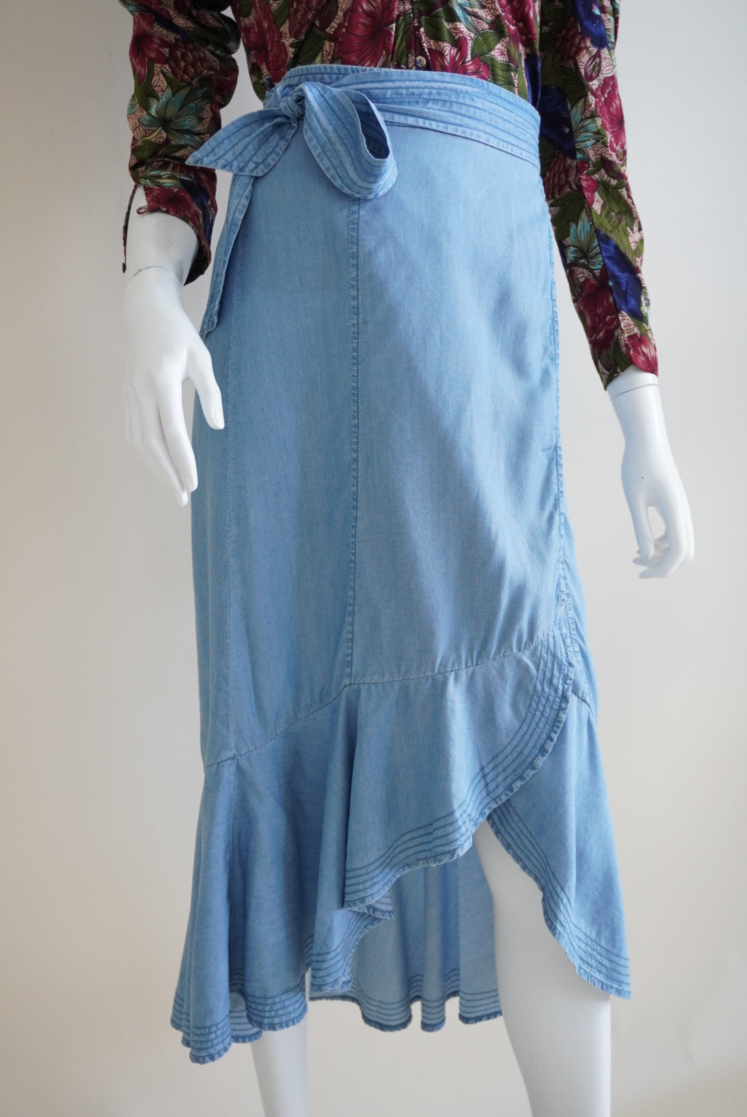 Intermix Denim Blue Chambray Ruffle Asymmetrical Wrap Skirt - Size Small