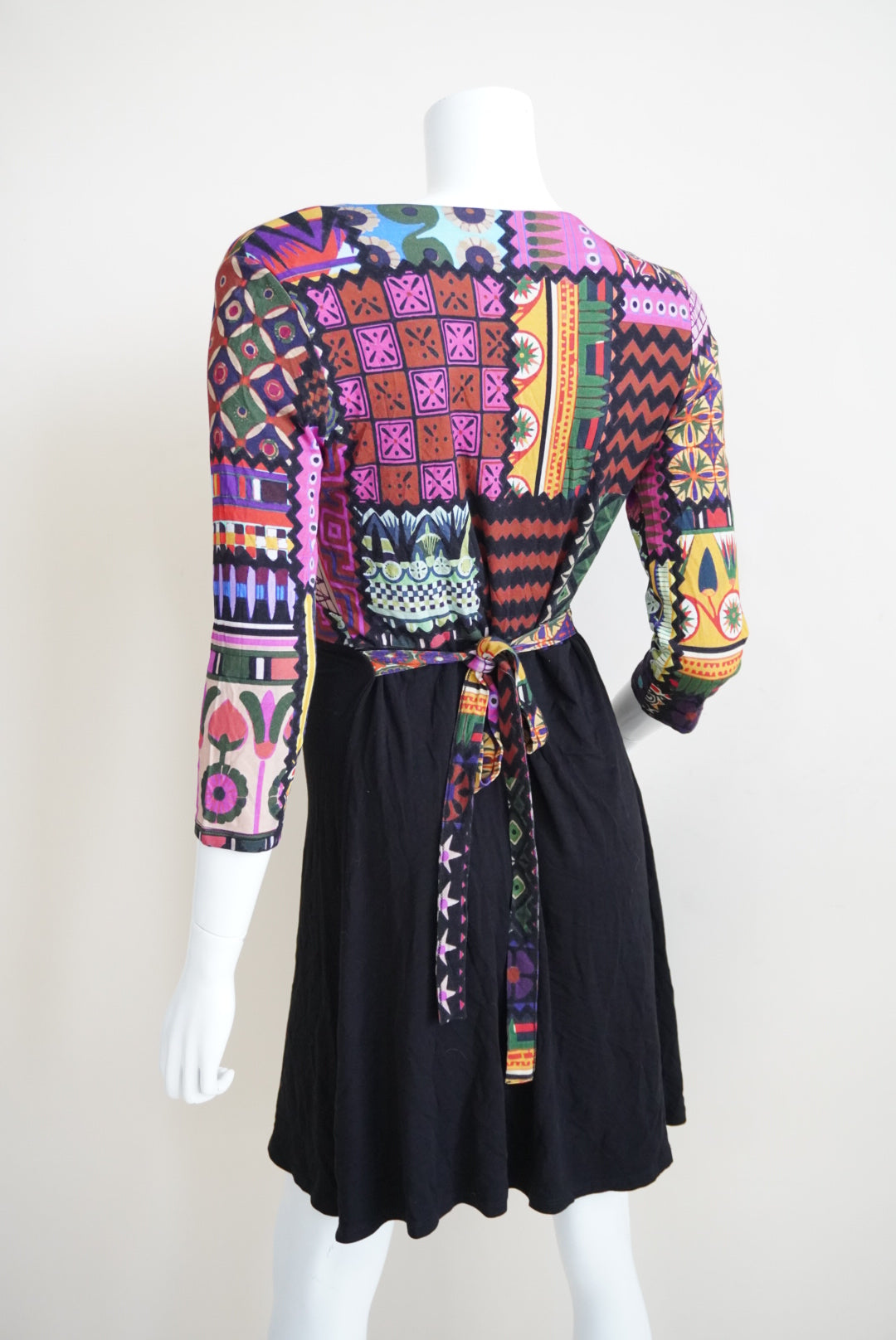 Desigual Color Me Jill Faux Wrap Printed Patchwork Knit Belted Dress - Size Medium