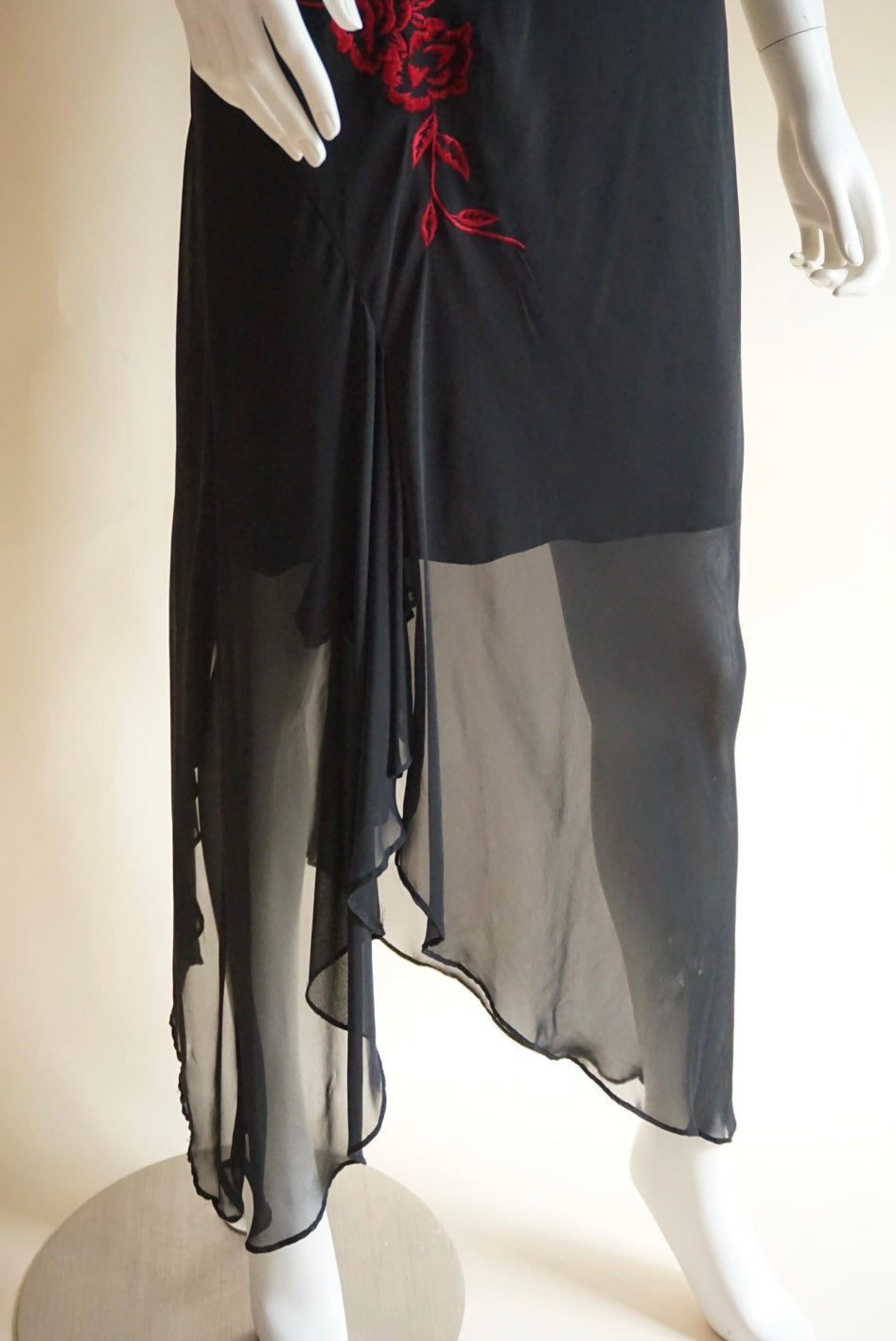 Alyn Paige 90s Vintage Black Cowl Neck Slip Embroidered Roses Maxi Dress - Size 10