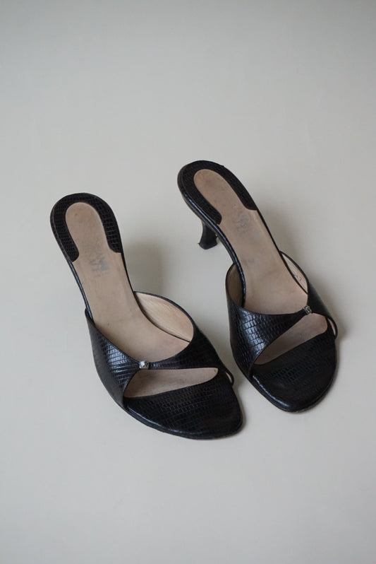 "Versace" Vintage Reptile Brown Open Toe Kitten Heels - Size 40