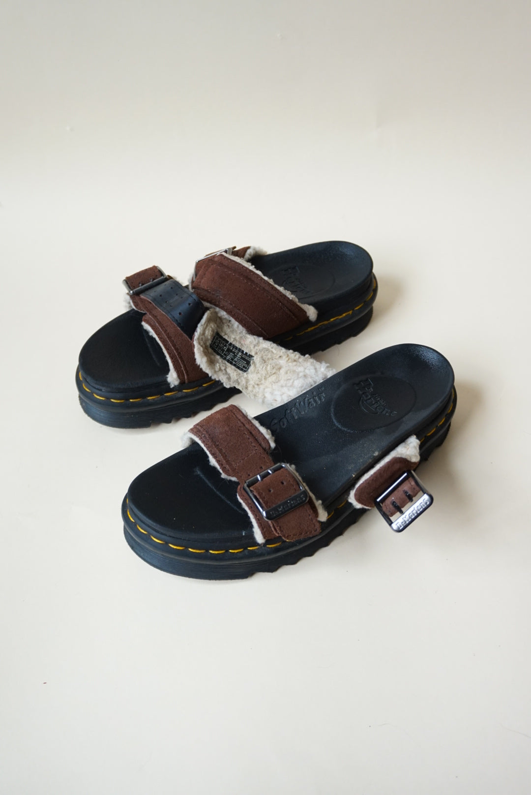 Dr. Martens Brown "Myles" Suede Faux Fur Lined Buckle Sandals - Size 7