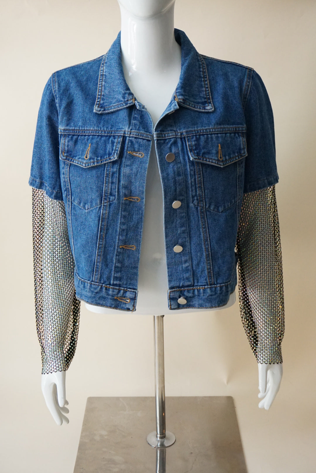 Mochy Denim Rhinestone Sleeve Cropped Jacket - Size S/M