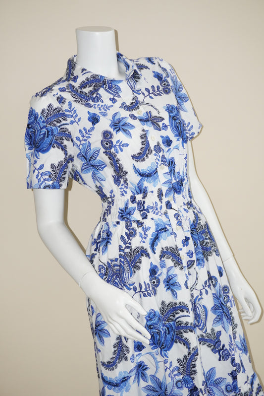 Talbots Floral Paisley Blue Collared Modern Poplin Flounce Shirtdress - Size 12P