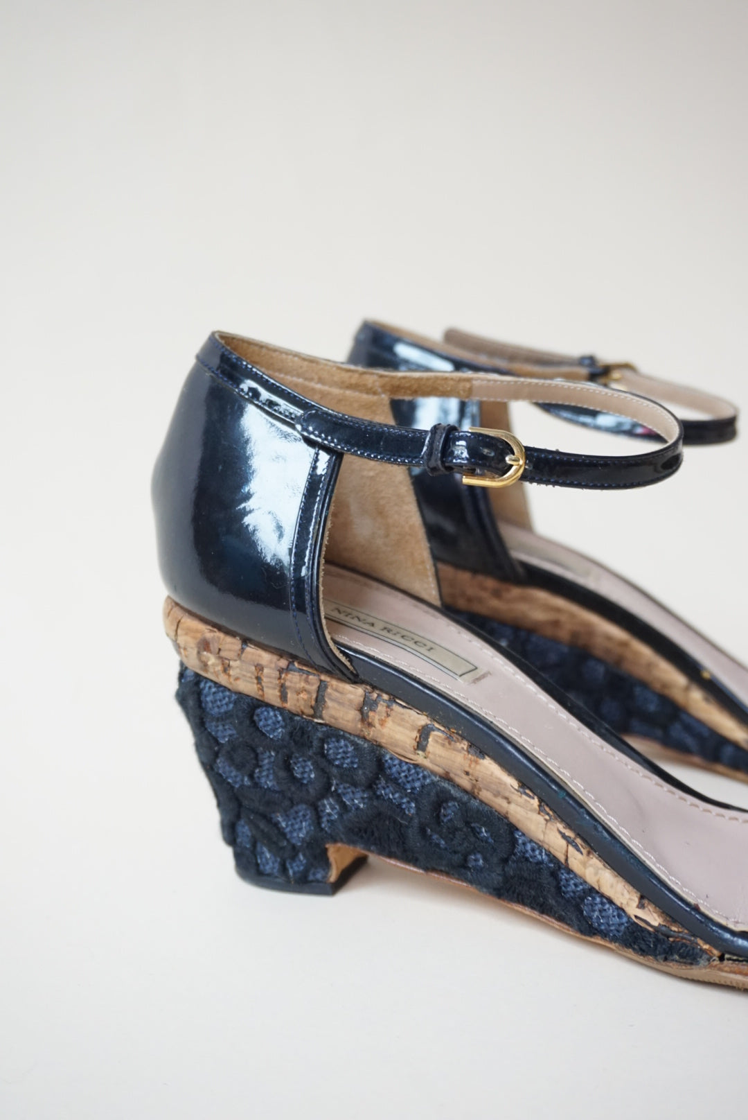 Nina Ricci Cork Navy Patent Leather Embroidered Sandal Wedge - Size 40