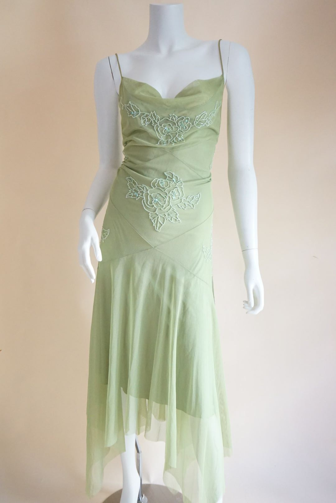 BCBGMAXAZRIA Green Beaded Mesh Y2K Maxi Dress - Size Large