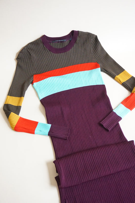 Scotch & Soda Ribbed Knit Color Block Crew Neck Rugby Style Bodycon Dress - Size XS
