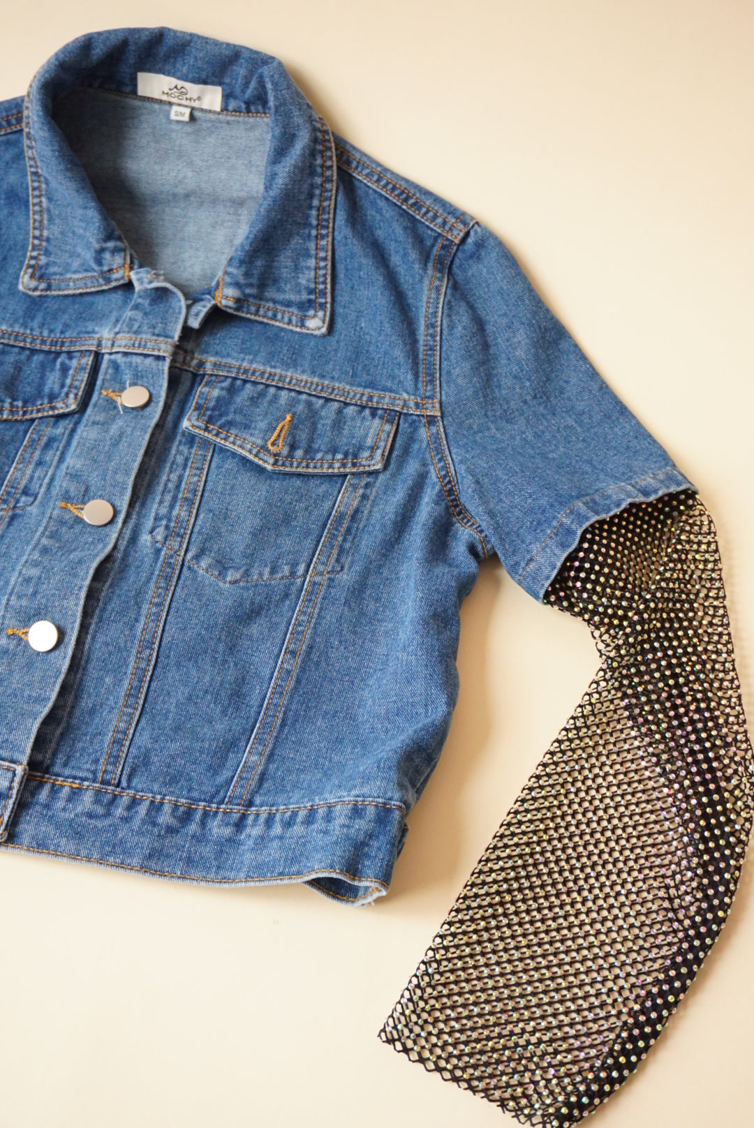 Mochy Denim Rhinestone Sleeve Cropped Jacket - Size S/M