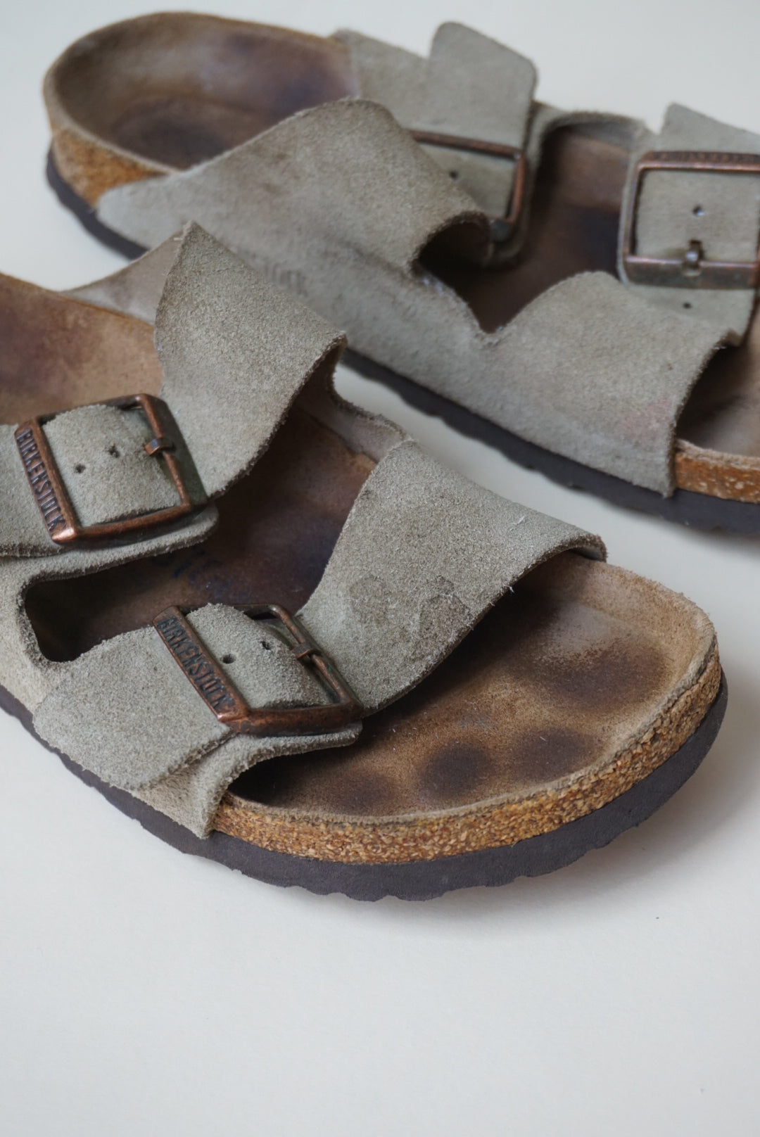 "Birkenstock" Arizona Suede Taupe "Betula" Leather Slide Sandals - Size 38