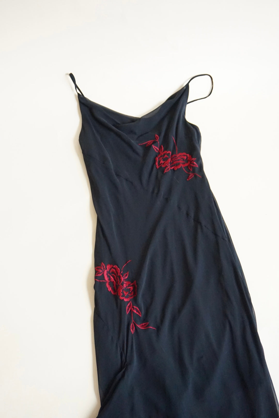 Alyn Paige 90s Vintage Black Cowl Neck Slip Embroidered Roses Maxi Dress - Size 10