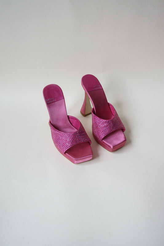 "Jeffrey Campbell" Rhinestone Pink Satin Heeled Mules - Size 7.5