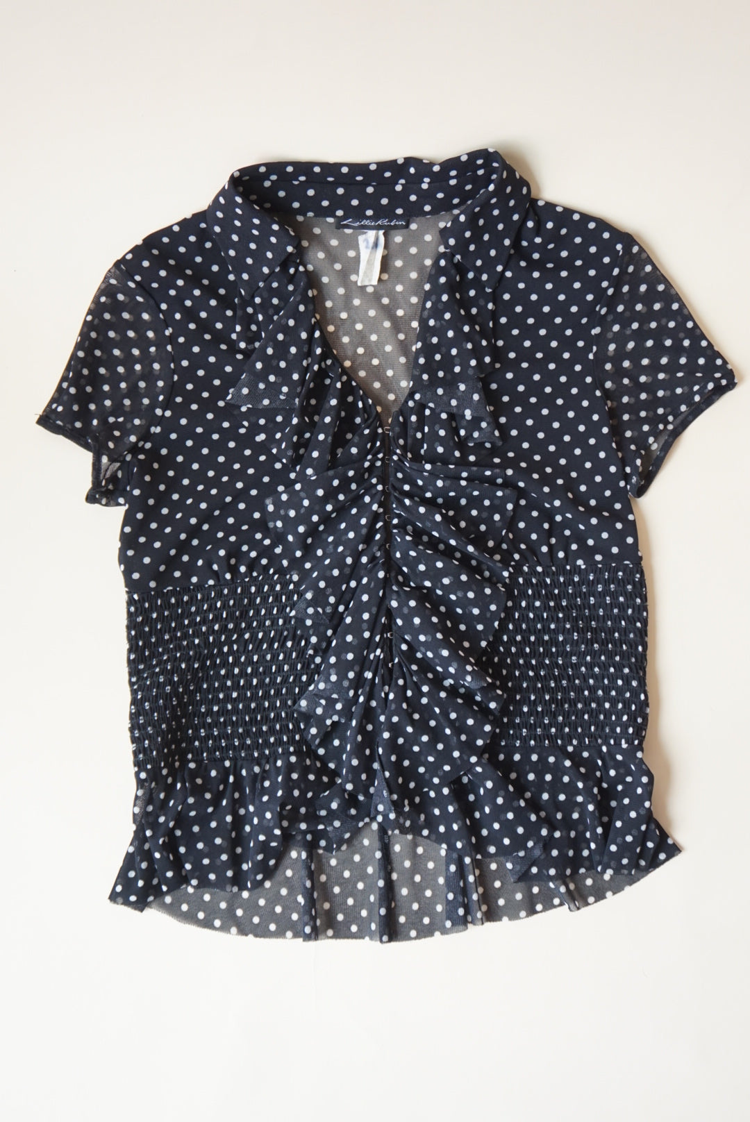 Lillie Rubin Vintage Polka Dot Mesh Sheer Shirring Ruffle Blouse - Size Medium