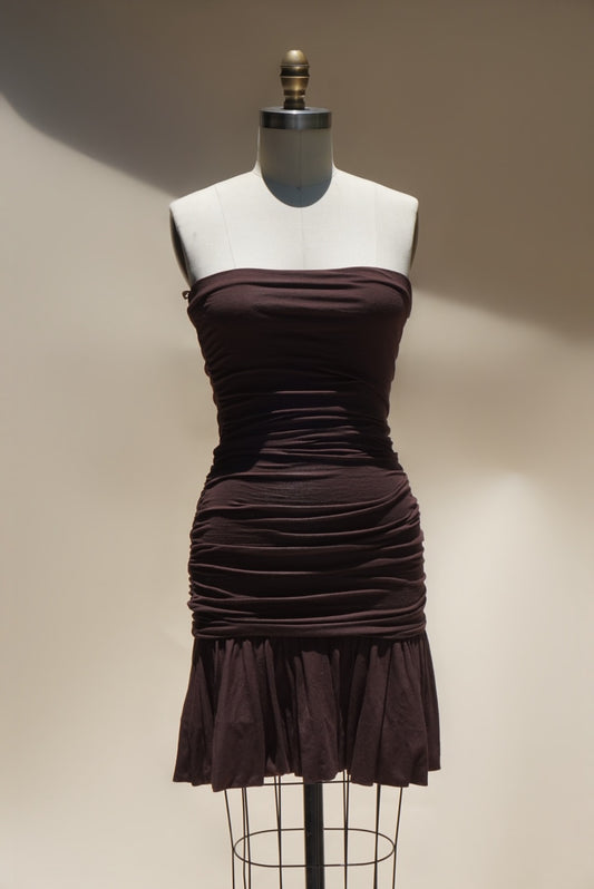“BCBGMAXAZRIA” Vintage Brown Mini Strapless Ruffle Hem Knit Dress - Size