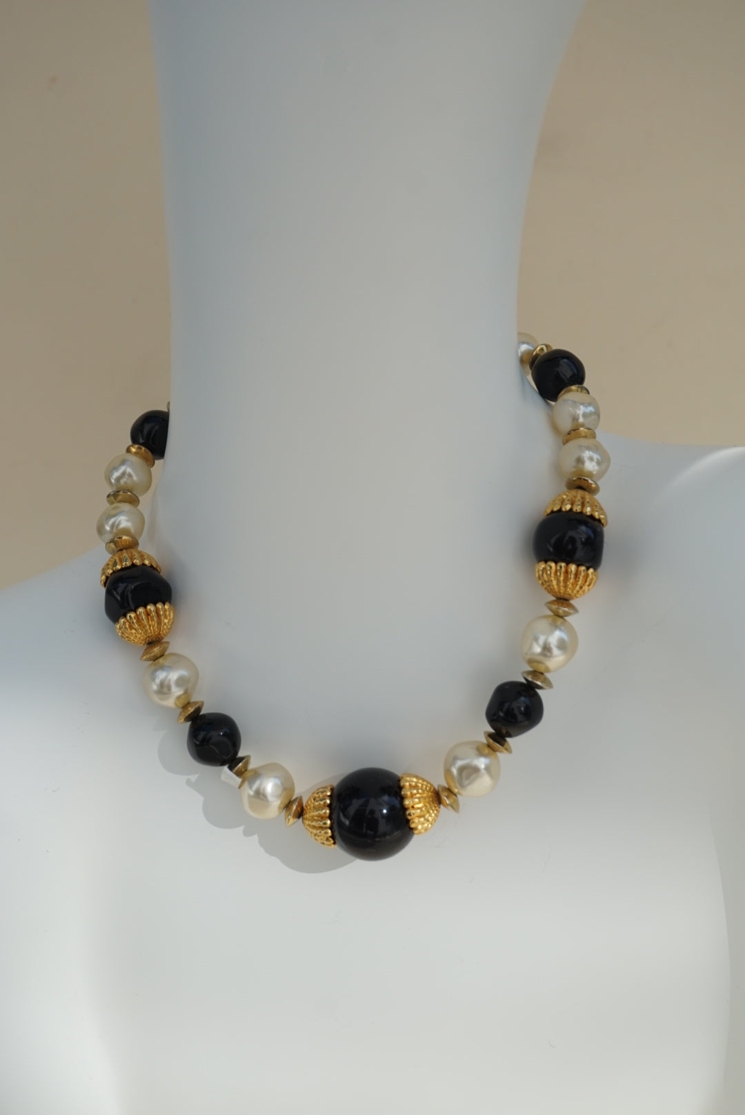 Vintage Faux Pearl Black Resin Stone Gold Costume Necklace
