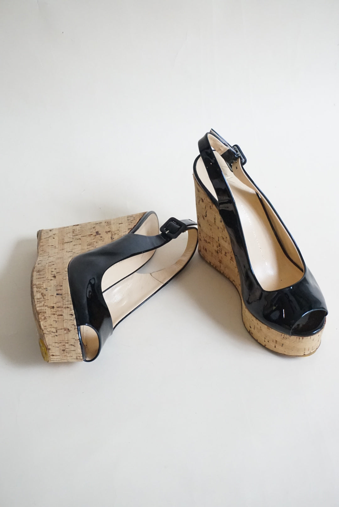 Giuseppe Zanotti Black Patent Leather Peep Toe Cork Wedges - Size 38