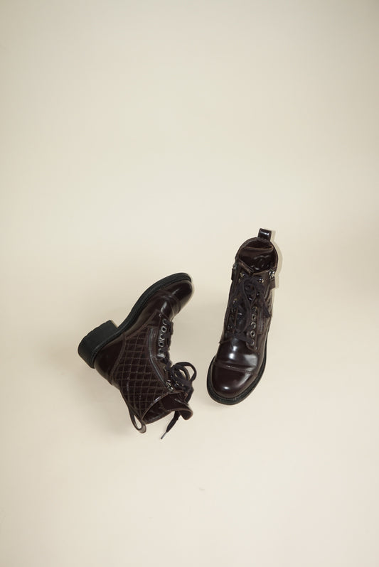 “Chanel” Dark Burgundy Shiny Calfskin Quilted CC Lace Up Combat Boots - Size 36.5